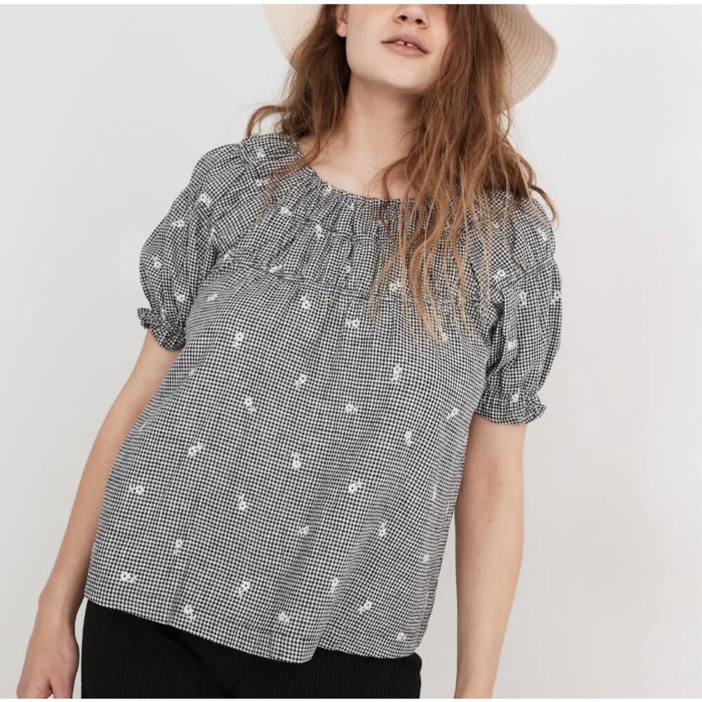 Madewell Embroidered Gingham Shirred Puff-Sleeve Top Medium